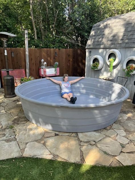 Stock Tank Pools | Got my baby today | Facebook Tin Pool Ideas, Poly Tank Pool, Stock Tank Pool Cover Ideas, Diy Stock Tank Pool Ideas, Small Pool Ideas On A Budget, Pool Set Up Ideas, Trough Pool, Rubbermaid Stock Tank, Pool Area Decorating Ideas