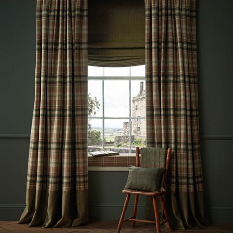 Abraham Moon Plaid Window Treatments, Tartan Curtains, Plaid Curtains, Dark Curtains, Nancy Meyers, Home Library Design, Flat Ideas, Foyer Decorating, Dark Walls