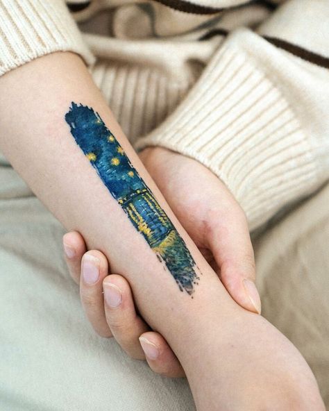 Tattoo Ideas Painting, Painting Like Tattoo, Fine Art Inspired Tattoo, Tattoo Art Painting, Starry Night Tattoo Ideas, Paint Swatch Tattoo, Can Gogh Tattoo, Unique Tattoo Styles, Art Themed Tattoos