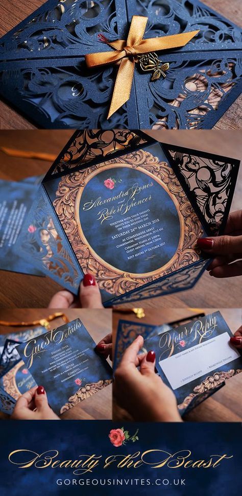 Beauty And The Beast Wedding Invitations, Fairytale Invitation, Beauty And The Beast Wedding Theme, Disney Wedding Invitations, Blue And Gold Wedding, Beauty And The Beast Wedding, Beauty And Beast Wedding, Beauty And The Beast Theme, Debut Ideas