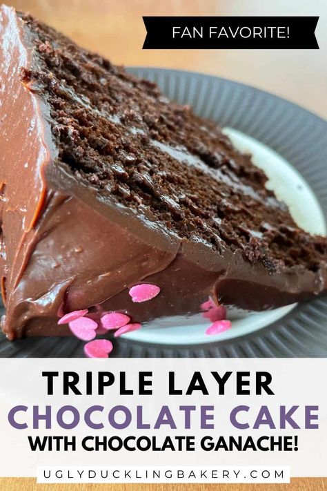 Want the best cake recipes from scratch? Do you love a fudgy chocolate cake? This Triple Layer Chocolate Fudge Cake with Ganache Icing is a three layer chocolate cake filled with a fudgy chocolate ganache icing. If you’re looking for a chocolate birthday cake for the chocolate lover in your life, look no further. Click to make this triple layer chocolate cake today - it tastes great even after freezing - and follow along for the best made from scratch cake recipes! Triple Chocolate Fudge Cake, Three Layer Chocolate Cake, Triple Layer Chocolate Cake, Chocolate Cake With Chocolate Ganache, Chocolate Ganache Icing, Chocolate Layer Cake Recipe, Layer Chocolate Cake, Chocolate Cake From Scratch, Ganache Icing