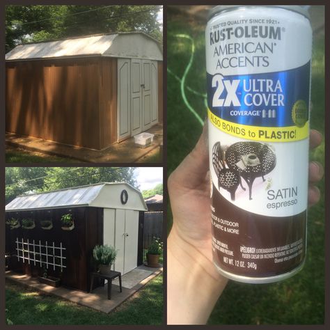 Spray Paint the metal shed Diy Metal Shed Makeover, Painting Metal Shed, Paint Metal Shed, Metal Shed Makeover Exterior, Metal Shed Makeover, Shed Organisation, Garden Shed Makeover, Shed Conversion Ideas, Used Outdoor Furniture