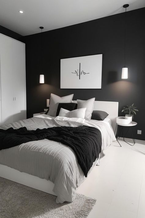 Bed Rooms Ideas Dark, One Wall Black Bedroom, Minimalist Black Aesthetic, Black Walled Bedroom, Bedroom Black Aesthetic, Black White Room Aesthetic, Edgy Bedding, Minimalist Bedroom Black And White, Simple Apartment Bedroom