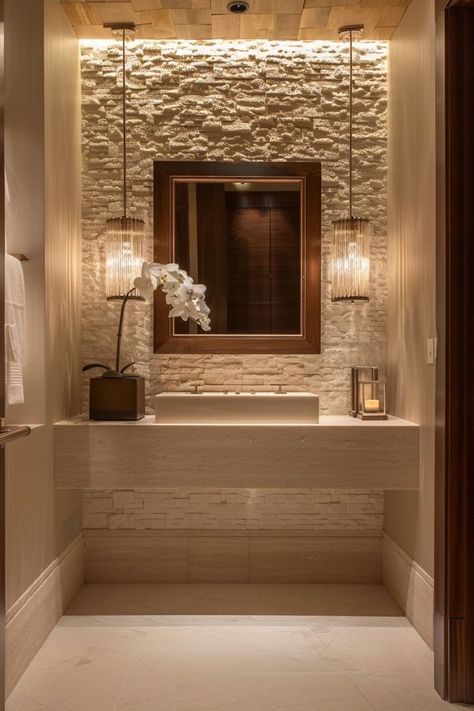 Rh Powder Room, Main Floor Powder Room, Stylish Powder Room, Brazilian Bathroom, Powder Room Ideas Modern Luxury, Cute Powder Room, Stone Bathroom Wall, Powder Room Vanity Ideas, Small Powder Room Ideas