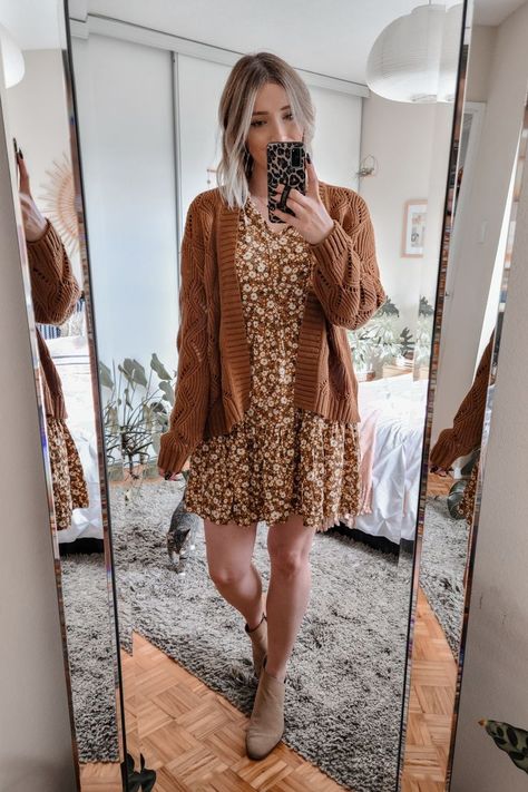 Click through to shop! Fall outfit idea - yellow floral dress & rust cardigan with ankle booties | Thanksgiving outfits, fall date outfit, teacher outfits, cute fall outfit ideas Fall Flower Dress Outfit, Floral Dress Fall Outfit, Thanksgiving Teacher Outfit, Fall Dress And Cardigan Outfit, Fall Dress With Booties Outfit, Orange Dress Outfit Fall, Dress With Booties Outfit, Cute Fall Dress Outfits, Fall Outfits With Dresses