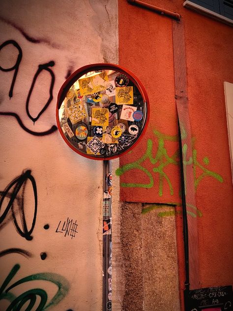 Mirror With Graffiti, Street Curb, Aesthetic Graffiti, Traffic Mirrors, Mirror Aesthetic, Traffic Signs, Street Signs, Dream Bedroom, Vintage Store