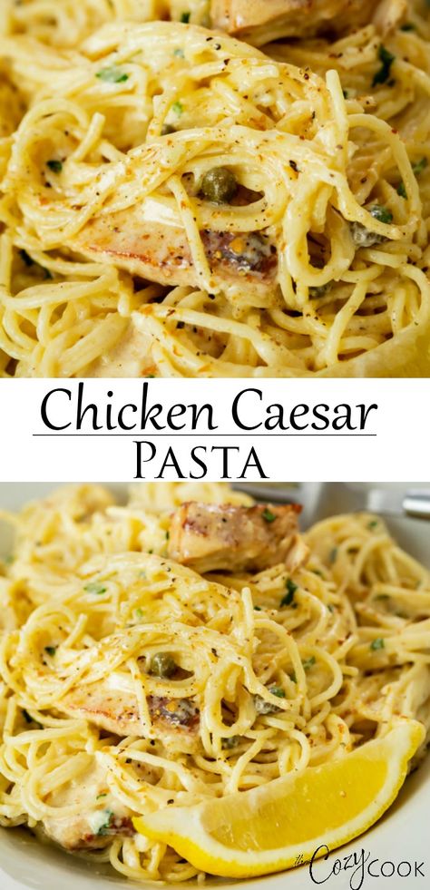 Cooked Pasta Recipes, Chicken Caesar Pasta, Cozy Cook, Caesar Pasta, Creamy Parmesan Sauce, Blackened Chicken, Chicken Caesar, Angel Hair Pasta, Creamy Parmesan