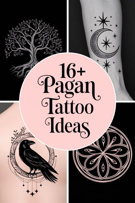 Pagan tattoo ideas including a tree, moon with stars, raven with symbols, and geometric designs. Wiccan Tattoo Designs, Protective Tattoos Protection Symbols, Raven Hand Tattoos For Women, Good Witch Tattoo Ideas, Witchy Wrist Tattoos For Women, Witchy Broom Tattoo, The Morrigan Tattoo Celtic Goddess, Small Witchy Tattoo Ideas, Tiny Witchy Tattoos