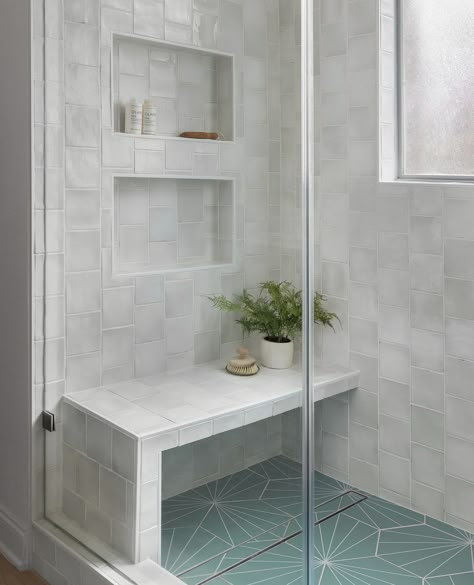 Showers With Benches, Walk In Shower With Bench, Bathroom Niche, Walk In Showers, Farmhouse Shower, Spa Like Bathroom, Master Shower, Shower Seat, Master Bath Ideas