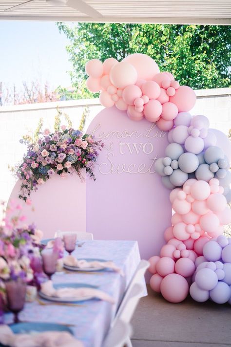 Blue Pink Balloons, Pink Blue Purple Balloon Garland, Pink Pastel Balloon Garland, Lilac And Pink Balloon Garland, Pink And Purple 1st Birthday Party, Pink Blue Purple Birthday Party, Purple And Pink Balloon Arch, Light Blue And Pink Birthday Party Decorations, Pastel Pink And Purple Balloon Garland