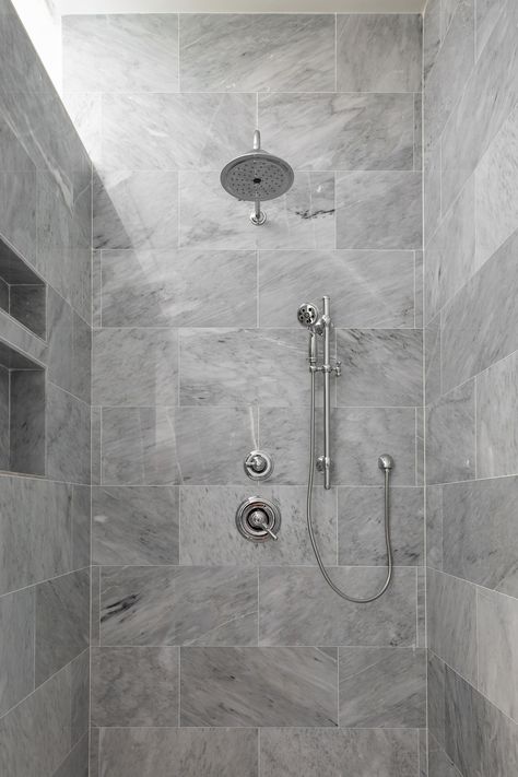 Grey marble tile shower by Moore House Interiors! #marbleshower Grey Restroom Ideas, Restroom Ideas, Grey Marble Bathroom, Gray Shower Tile, Marble Shower Tile, Grey Marble Tile, Gray Tile, Basement Redo, Small Bathroom Tiles