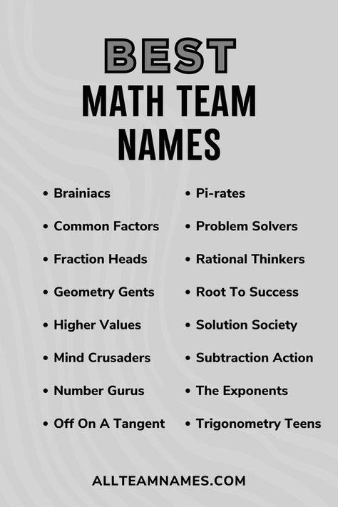 best math team names list Math Group Names, Math Vector, Classroom Organization High School, Math Competition, Greatest Common Factors, Group Names Ideas, Maths Day, Challenges Funny, Group Name