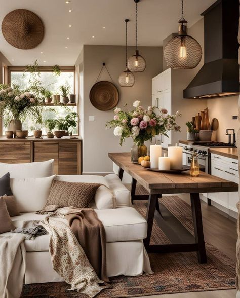 Modern Rustic Decor, Cozy Living Rooms, Dream Home Design, Cozy Living, Apartment Living, Minimalist Home, A Kitchen, Cozy House, Home Living Room