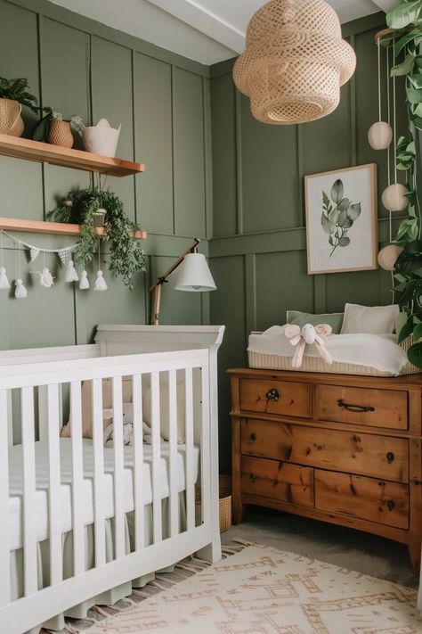 Sage Green Nursery Ideas, Eclectic Baby Nursery, Baby Bedroom Ideas Neutral, Green Nursery Ideas, Boho Nursery Ideas, Green Baby Nursery, Sage Green Nursery, Neutral Nursery Colors, Boho Nursery Girl