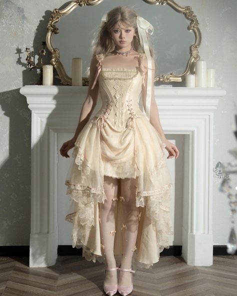 🥂🥂Champagne princess Lolita dress with lace-up details design. 🧚‍♀️🧚‍♀️Full set includes boned corset top, layered high-low skirt. 🤩🤩Price: $99.50 👉👉Search' CARA-045' on devilinspired.com #devilinspired #princessdress #lolitacoord #eglcommunity #lolitadresses #princesslolita High Low Skirt Outfit, Plus Size Goth Fashion, Outfit With Corset, Corset With Skirt, Fairycore Fashion, Hi Low Skirts, Corset Outfit, Princess Core, Kawaii Dress