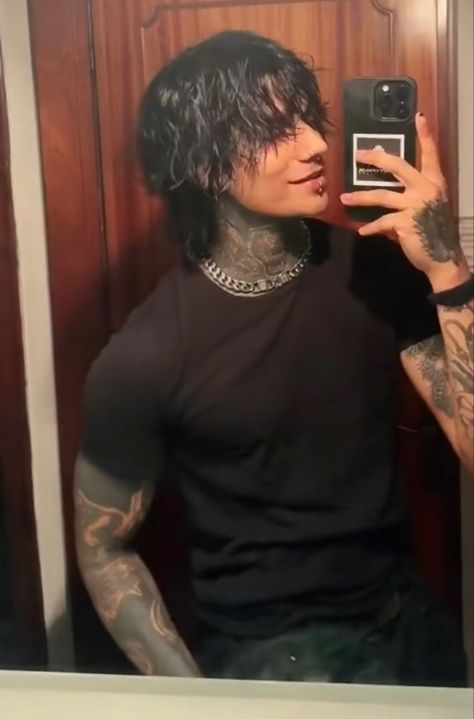 Men With Tattoos And Long Hair, White Man With Black Hair, Hot Metalhead Guys With Long Hair, Guys With Face Tattoos, Buff Metalhead Guy, Buff Goth Men, Black Hair White Streak Men, Long Hair Tattoos Men, Dudes With Tattoos