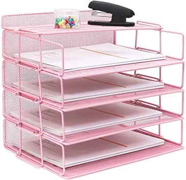 LUCYCAZ 4 Tier Reinforce Stackable Paper Tray, Metal Mesh File Holder Desk Organize for File Letter Document and Legal Papers, Pink Pink File, Paper Tray Organizer, Desk Paper Organizer, Desk File Organizer, Pink Office Supplies, Desktop File Organizer, Office Supplies Desk Accessories, Pink Desk, Folder Organization