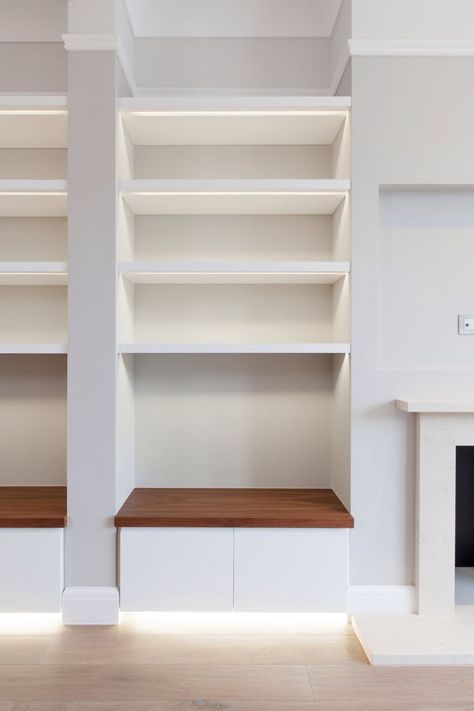 Storage to fireplace recess. LED detailing - LOVE Led Shelf, Alcove Shelves, Alcove Storage, Recessed Storage, Alcove Cupboards, Alcove Shelving, Recessed Shelves, Fireplace Built Ins, Closet Lighting