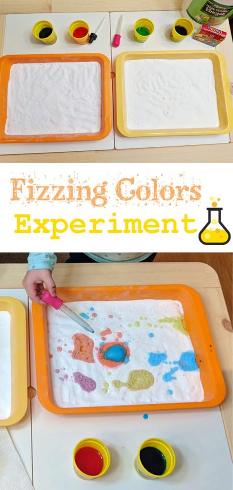 Fizzing Colors Experiment This was so much fun! The littles loved watching their trays bubble up with pretty colors.   #raisinghooks #activitiesforkids #activities #experiments #experimentsforkids #science #kids #fun #homeschool #homeschooling #learning #learningthroughplay Colour Mixing Activities Preschool Science Experiments, Color Mixing Experiments Preschool, Hidden Colors Science Experiment, Science Experiments For Two Year Olds, Color Blue Activities For Preschool Science Experiments, Montessori Colours Activities, Color Mixing Experiments For Kids, Preschool Color Recognition Activities, Color Circle Time Activities