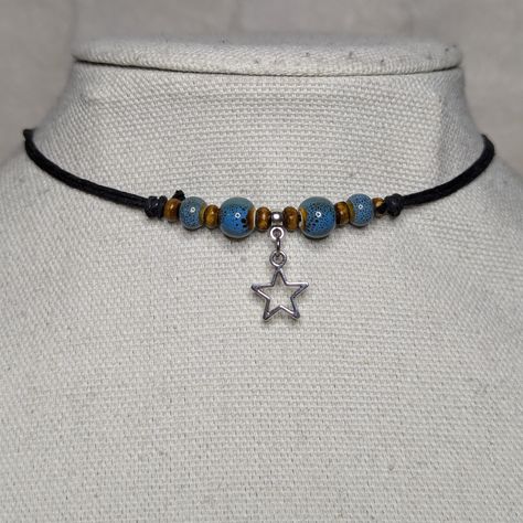 Star Charm Blue Ceramic Wooden Beaded Boho Hippie Y2k Adjustable Black Rope Cord Choker Necklace Comes On An Adjustable Waxed Black Cord Necklace. Necklace Is Adjustable From Approximately 13" To 22". Y2k Layered Necklaces, Y2k Choker Necklace, Blue Star Jewelry, Hippie Boho Jewelry, Choker Bead Necklace, Star Necklace Beads, How To Make A Star Out Of Beads, Wood Beads Necklace, Charm Jewelry Diy