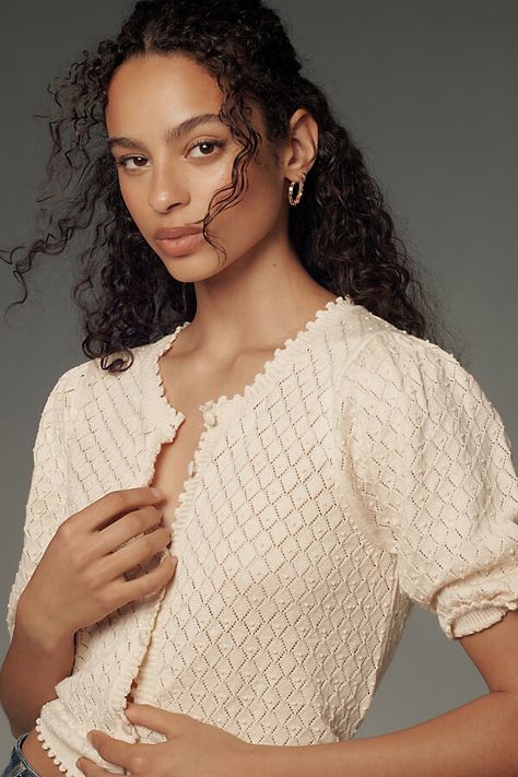 By Anthropologie Puff-Sleeve Pointelle Cardigan Sweater Plus Size Clothes For Women, Fun Tops, Sundress Season, True Autumn, Pointelle Cardigan, Plus Size Clothes, Front Hand, Women's Sweaters, Knitwear Cardigan