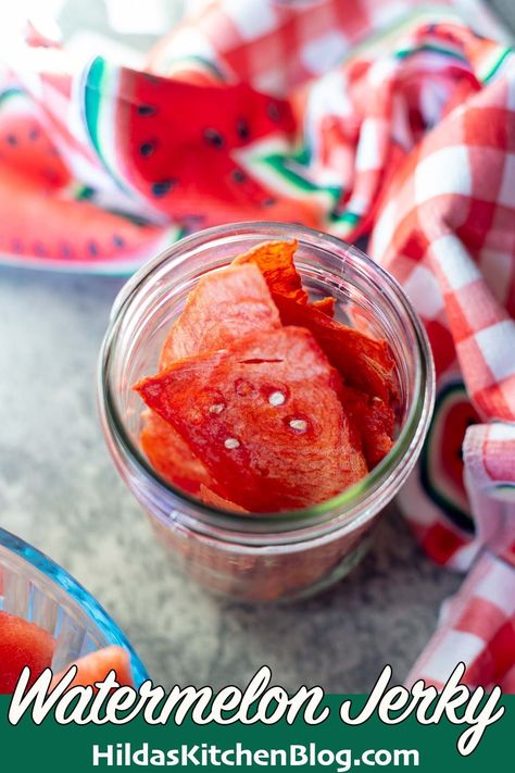 Dehydrated watermelon jerky makes a great on-the-go snack and is a great way to preserve watermelon to enjoy when they're no longer in season. Preserving Watermelon, Preserve Watermelon, Assyrian Recipes, Dehydrated Watermelon, Watermelon Jerky, Pork Jerky, Candied Orange Slices, Dehydrated Foods, Healthy Candy