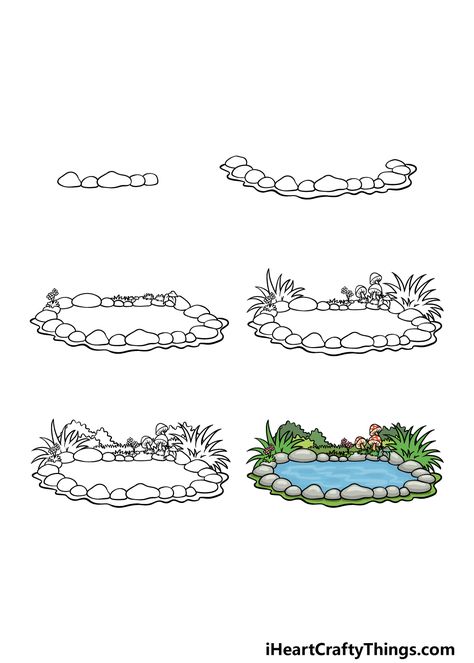 Pond Drawing - How To Draw A Pond Step By Step Cartoon Nature Drawing, Drawing A Garden, Pond Sketch Pencil Drawings, Water Pond Drawing, How To Draw A Pond Step By Step, Fairy Pond Drawing, Drawing Garden Easy, How To Draw Garden, How To Draw A Garden Step By Step