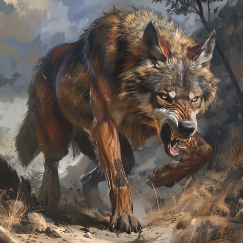 Giant Wolf Art, Dire Wolf Dnd, Werewolf The Apocalypse Art, Brown Wolf Art, Dire Wolf Art, Direwolf Art, Celtic Monsters, Wolf Illustration Art, Were Bear