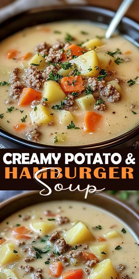 This Creamy Potato & Hamburger Soup is the ultimate comfort food, perfect for chilly nights or cozy weekends! 🥔🍖 Packed with rich flavors, tender potatoes, and juicy hamburger, it's easy to make and loved by the whole family. ❤️ 👉 Pin now to save this delicious recipe for later! 🔥 #comfortfood #souprecipe #hamburgersoup #potatorecipe #easyrecipes #mealprep #weeknightdinner #homemade #heartymeals #fallrecipes Potato And Hamburger Soup, Potato And Hamburger, Hamburger Soup Crockpot, Classic Potato Soup Recipe, Potato Hamburger Soup, Hamburger Potato Soup, Hamburger Soup Recipe, Hamburger And Potatoes, Best Potato Soup