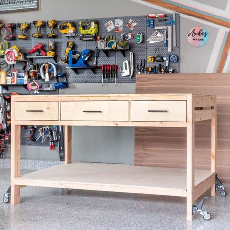 Build a DIY workbench with storage, including drawers and shelves, with this detailed step-by-step tutorial, video, and plans. Workbench Drawers, Workbench With Storage, Workbench With Drawers, Rafter Square, Basement Organization, Building A Workbench, Plywood Projects, Diy Hammock, Sanding Wood