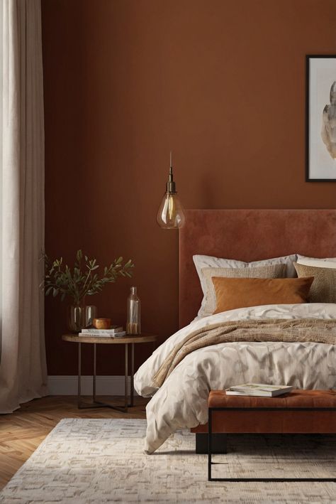 nightstand decor, nightstand styling, bedside table decor, bedside table styling Master Bedrooms Rust Orange, Rust Colour Bedroom Decor, Rust And Blush Bedroom, Bedroom Rust Color, Rust Bedroom Decor, Rust Colored Bed Spread, Rusty Red Bedding, Rust Bedroom, Dark Brown Bedrooms