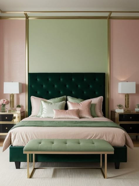 Green And Pink Accent Wall, Blush Pink And Green Bedroom Ideas, Light Pink And Dark Green Bedroom, Green Velvet Bed Frame Bedroom Ideas, Green Pink Gold Bedroom, Pink And Green Master Bedrooms Decor, Green Glam Bedroom, Pink Green And Gold Bedroom, Pink Bedroom Wall Ideas