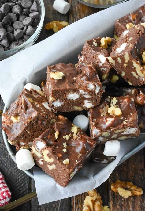 Easy Rocky Road Fudge Recipe-Butter Your Biscuit Fudge Recipes Rocky Road, Rocky Road Recipe Christmas, Ricky Road Recipe, Rocky Road Fudge Condensed Milk, Rocky Road Candy Easy, How To Package Fudge As A Gift, Ricky Road Fudge, Rocky Road Bark, Holiday Rocky Road