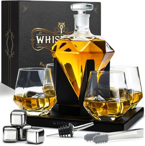 Whisiskey – Whiskey Decanter – Diamond - 1000 ml – Whiskey Carafe Set - Gifts for Men – Inc. 4 Whiskey Glasses – 4 Whiskey Stones – Spout – Glass Stopper and Pliers Whiskey Gift Set, Whisky Set, Carafe Set, Whiskey Set, Whiskey Decanter Set, Whiskey Stones, Whiskey Gifts, Liquor Decanter, Whiskey Decanter