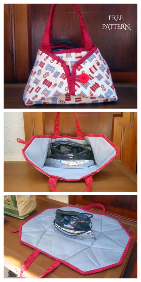 DIY Fabric Iron Caddy Tote Free Sewing Pattern + Video | Fabric Art DIY Travel Iron Caddy Pattern Free, Iron Mat Diy, Iron Caddy Pattern Free, Tote Patterns Free, Free Crochet Bag Patterns, Fabric Art Diy, Sewing Tutorials Bags, Purse Diy, Sew Bags