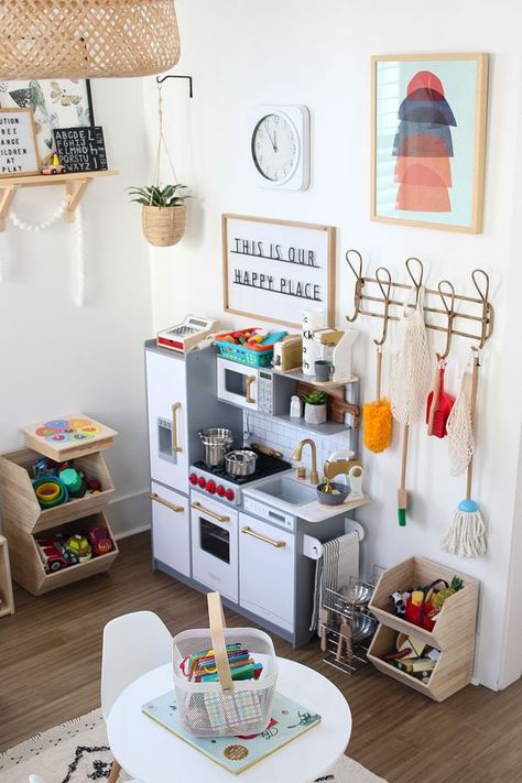 playroom organization- create make belief corners Playroom Organization Ideas, Small Playroom, Baby Playroom, Boys Playroom, Play Kitchens, Girls Playroom, Toddler Playroom, Kids Playroom Decor, Playroom Storage