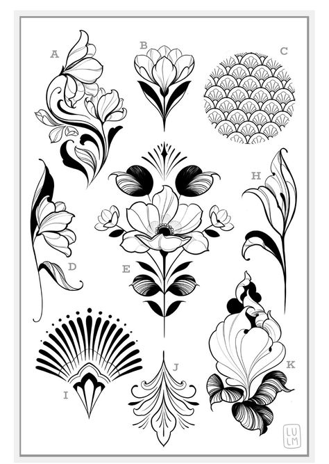 Art Nouveau Floral Tattoo, Fiori Art Deco, Deco Tattoo, Fleurs Art Nouveau, Art Deco Tattoo, Tattoo Hip, Motifs Art Nouveau, Art Nouveau Tattoo, Nouveau Tattoo