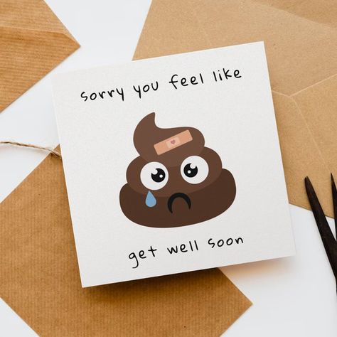 This funny card is the perfect way to wish that someone special a speedy recovery. The design features a sad poop emoji with a cute heart band-aid and fun typography wording which is easy to personalize. The back of the card is blank for you to hand write a personal message or you can add more typed wording or a photo of your choice by clicking the edit button. Get Well Cards Diy Handmade, Get Well Soon Gift Ideas Diy, Get Well Soon Homemade Cards, Funny Get Well Soon Cards, Speedy Recovery Cards, Get Better Soon Cards, Cute Get Well Soon Cards, Get Well Card Ideas, Get Well Soon Package