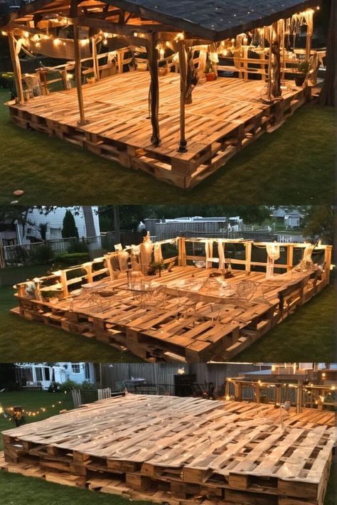 Pallet Board Deck, Wood Pallet Backyard Ideas, Diy Pallet Furniture Indoor, Palette Projects Diy, Outdoor Pallet Projects Patio, Pallet Building Ideas, Pallet Platform Deck, Pallet Creations Diy, Pallet House Ideas