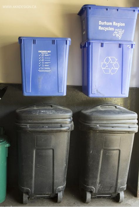 garage organization ideas mount recycling bins Garbage Storage Garage, Recycling Organization Garage, Garage Garbage Storage, Diy Recycle Bin Storage, Recycle Bin Ideas Small Spaces, Recycle Bin Ideas, Easy Garage Organization Ideas, Recycling Organization, Recycling Bin Storage