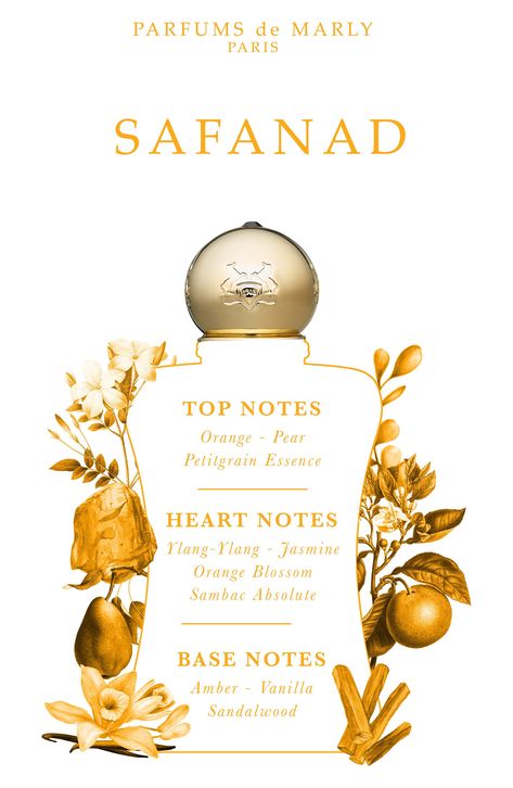 What it is: A spicy fragrance captivated by delicate notes of orange blossom, iris and ylang-ylang.Fragrance story: Safand is captivated by its delicate notes of orange blossom, iris and ylang-ylang that rush to draw a woody trail revealed by sandalwood, amber and vanilla. An addictive signature saturated with light. Style: Spicy, warm.Notes:- Top: orange, pear, petitgrain essence- Middle: ylang-ylang, orange blossom, jasmine sambac absolute- Base: amber, vanilla, sandalwood Made in France Pear Fragrances, Pear Perfume, Cashmere Perfume, Sandalwood Perfume, Blossom Perfume, Fragrances Perfume Woman, Perfume Collection Fragrance, Fall Fragrance, Parfums De Marly