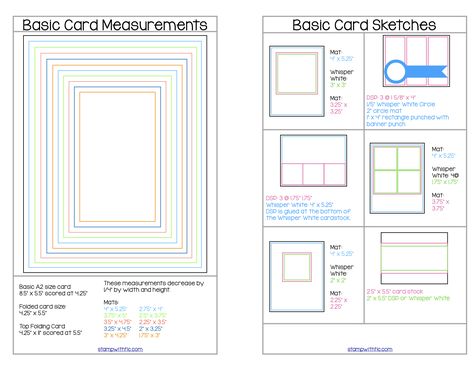 This chart shows a progression of mat sizes for a standard invitation sized card as well as some basic sketches for some simple cards. Standard Card Sizes Free Printable, Card Mat Sizes, Card Sizes Chart, Card Layouts Templates With Measurements, Card Sketches With Measurements, Basic Sketches, Standard Card Sizes, Card Measurements, Card Making Templates