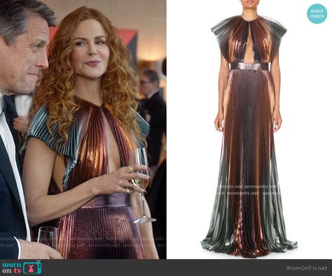 Grace’s pleated metallic dress on The Undoing. Outfit Details: https://wornontv.net/199577/ #TheUndoing The Undoing Nicole Kidman Outfits, Metallic Pleated Dress, Metallic Dress Outfit, Shiny Outfits, The Undoing, Faraz Manan, Tv Clothes, Givenchy Dress, Lame Dress