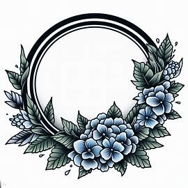 Neo Traditional Tattoo Flash Style. An empty circular frame with a narrow border. Over the bottom third of the frame's border is a small partial wreath of Oregon native flowers, including blue hydrangeas. - Image Creator from Microsoft Bing Frame Tattoo Ideas, Frame Tattoo Design, Neo Traditional Tattoo Flash, Hydrangea Tattoo, Frame Tattoo, Framed Tattoo, Circular Frame, Native Flowers, Blue Hydrangeas