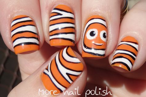 Nemo Nail Art, Disney Movie Nails, Chevy Nails, Finding Nemo Nails, Vacation Toes, Maddie Nails, Nemo Nails, Movie Nails, Acrylic Nails Almond Shape