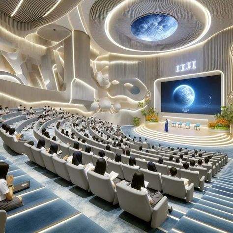 Futuristic Conference Room, Futuristic Auditorium, Futuristic School Building, Future School Design, Futuristic Classroom, Dream Office Luxury, Shifting House, Unique Buildings Architecture, Futuristic School