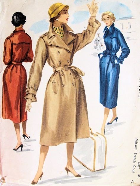 1950s trenchcoat Sewing Trench Coat, Trench Coat Illustration, Trench Coat Pattern, French Style Outfits, Vintage Fashion 1950s, Womens Clothing Patterns, Vintage Dress Patterns, Casual Outfit Inspiration, Fashion 1950s