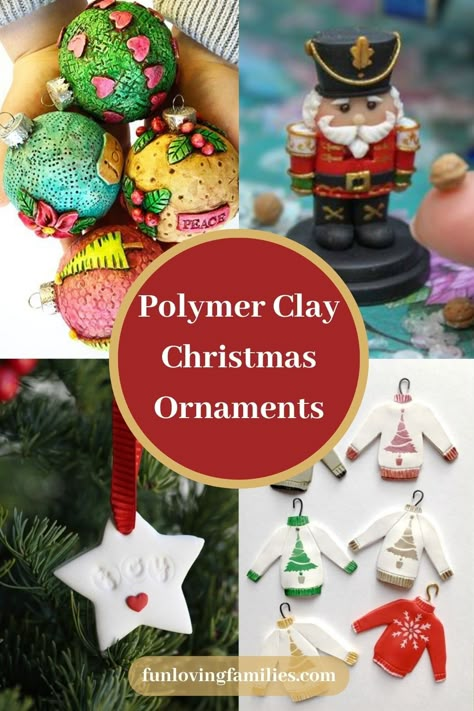 Sculpt Clay Christmas Ornaments, How To Make Clay Ornaments Diy Christmas, Polyclay Christmas Ornaments, How To Make Polymer Clay Ornaments, Easy Polymer Clay Christmas Ornaments, Clay Xmas Decorations Diy, Christmas Decorations Polymer Clay, Polymer Clay Ornaments Christmas Diy, Polymer Clay Family Ornaments