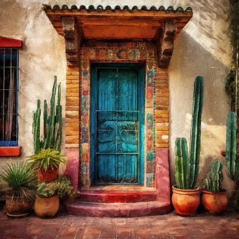 size: 12x12in Art Print: Mexican Door 4 by RileyB : Modern Mexican Home Decor, Mexican Doors, Video Banner, Mexico Cactus, Stone Walls Garden, Mexican Hacienda, Modern Style Bedroom, Mexican Wall, Mexican Home Decor