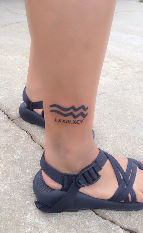 Aquarius sign with Roman numeral. #Aquarius #Zodiac #January #Ankle Aquarius Tattoo, Aquarius Sign, Ankle Tattoo, Roman Numerals, Future Tattoos, Braided Hairstyles, Tatting, Tattoos